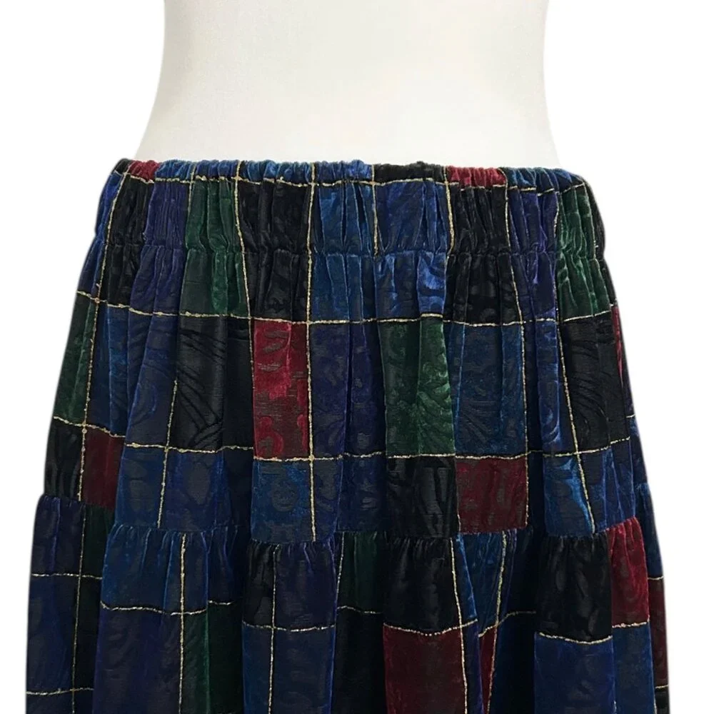 Vintage Velvet Burnout Patchwork Holiday Flowy Tiered Ruffled Maxi Skirt (S/M)